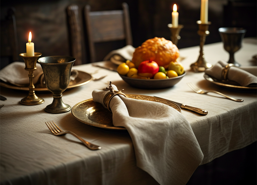 Medieval feast with linen textiles